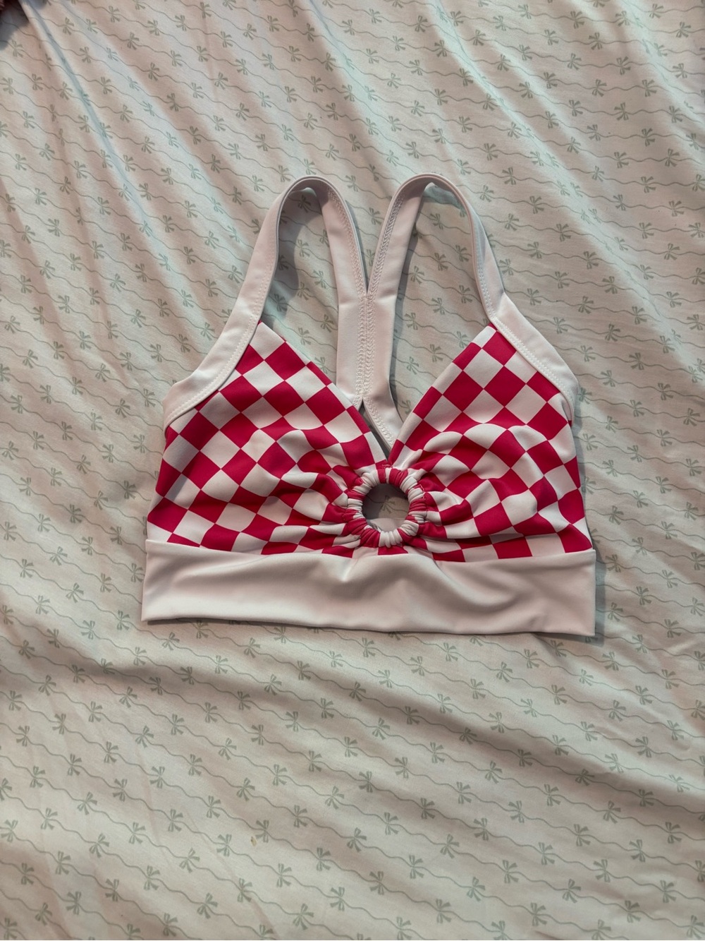 Women’s Pink Checkered Ring-Front Sports Bra five the label